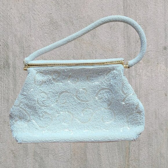 Vintage White Pearl Seeded Fashion Elegant Evening Handbag - Picture 2 of 6